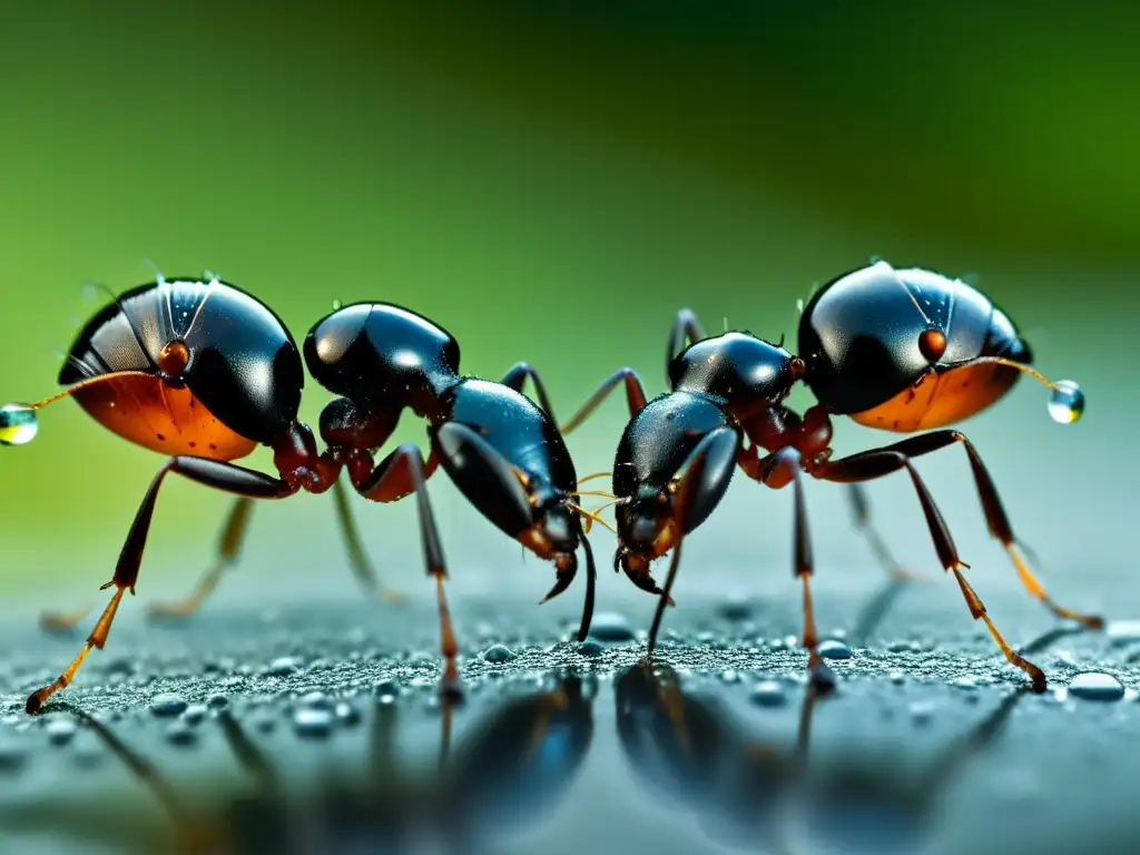 Dos hormigas tocando sus antenas entre diminutas gotas de agua, resaltando la comunicación táctil entre insectos