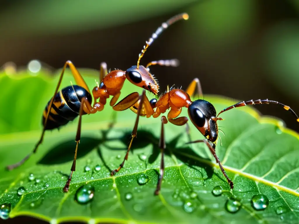 Dos hormigas tocando sus antenas en una hoja con gotas de agua, comunicación y señales entre insectos