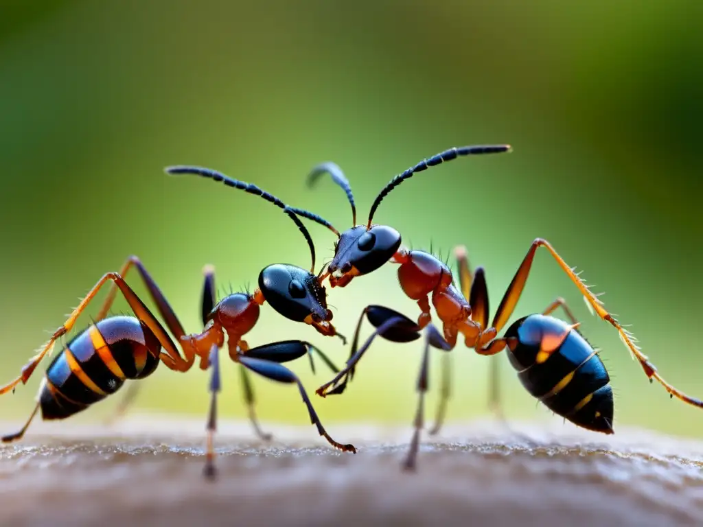 Dos hormigas se comunican con sus antenas en una imagen detallada, destacando la complejidad de la comunicación intraespecífica en insectos