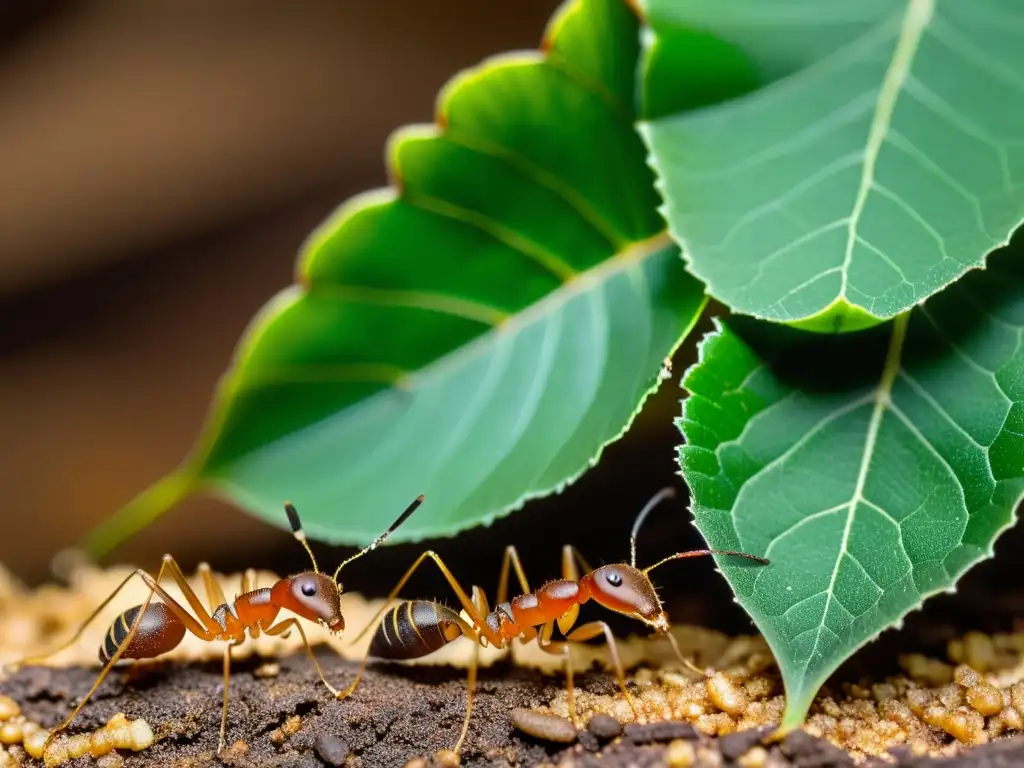 Hormigas cortadoras de hojas en su colonia, transportando hojas gigantes, mostrando tácticas de camuflaje en insectos sociales