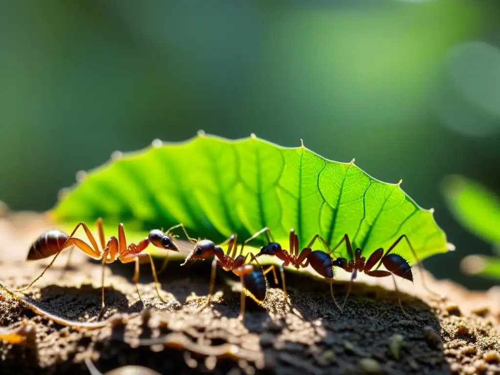 Hormigas cortadoras de hojas transportando fragmentos de hojas verdes en la selva tropical, destacando los detalles de sus cuerpos