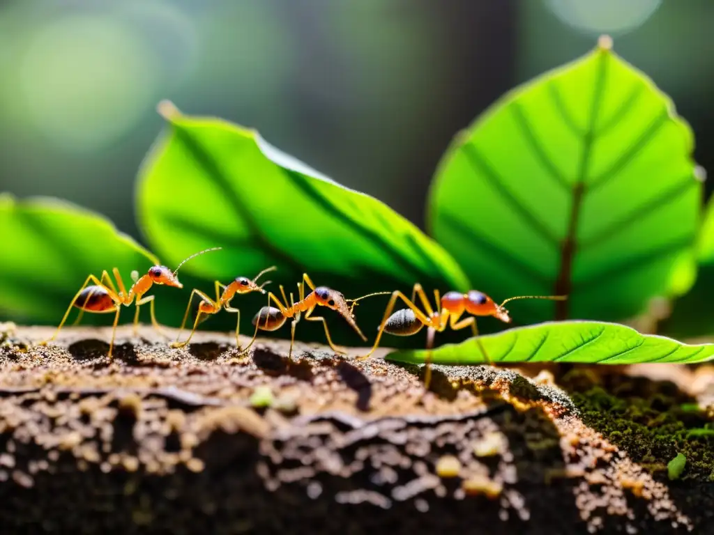 Hormigas cortadoras de hojas transportando hojas verdes en la selva exuberante, mostrando la relación simbiótica