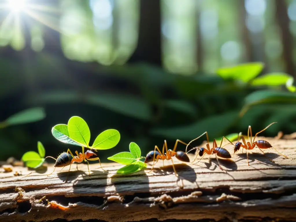 Hormigas cortadoras de hojas llevando verde en el bosque, con detalles vívidos y luz solar filtrada