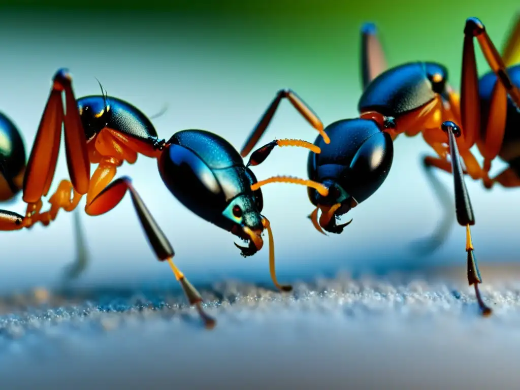 Dos hormigas intercambian feromonas, mostrando la complejidad de la comunicación química en insectos