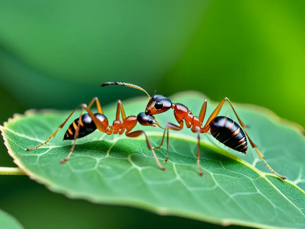 Dos hormigas en una hoja, tocando sus antenas en una delicada interacción, destacando la comunicación y señales entre insectos