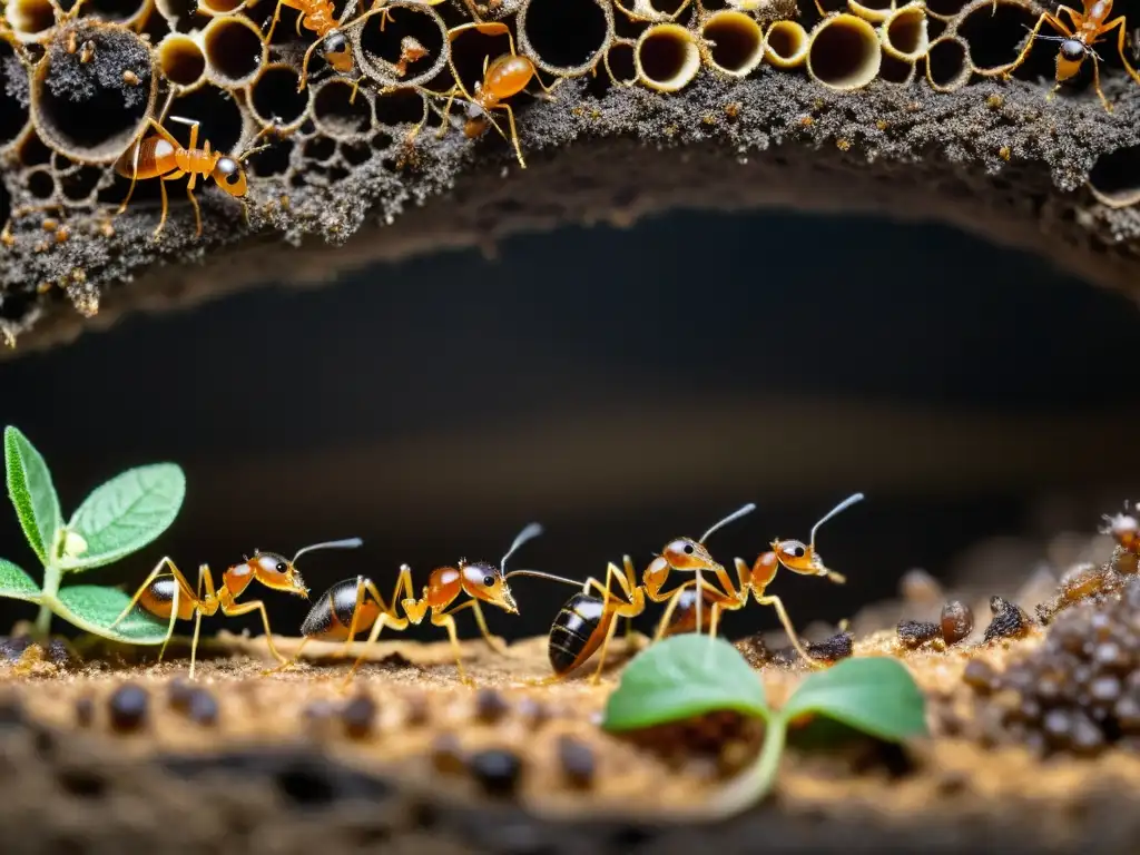 Hormigas ingenieras del suelo: detalle asombroso de una bulliciosa colonia de hormigas, con túneles y cámaras visibles bajo tierra