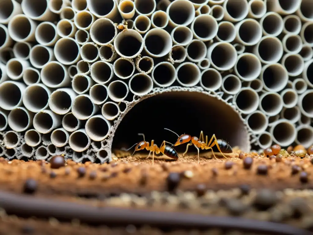 Hormigas ingenieras del suelo: Intrincadas cámaras y túneles subterráneos, donde las hormigas trabajadoras crean su vital colonia