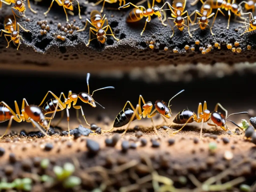 Hormigas ingenieras del suelo construyendo túneles subterráneos y cámaras intricadas en una colonia bulliciosa