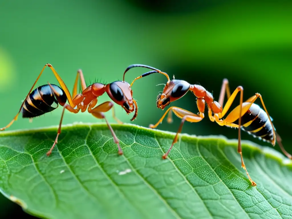 Dos hormigas comunicándose con señales de antenas sobre una hoja, mostrando la fascinante comunicación y señales entre insectos