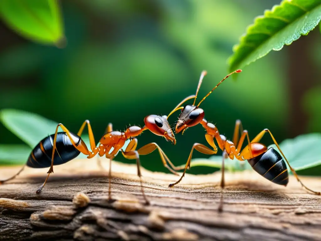 Dos hormigas comunicándose a través de sus antenas en un bosque, capturando la compleja comunicación y señales insectos