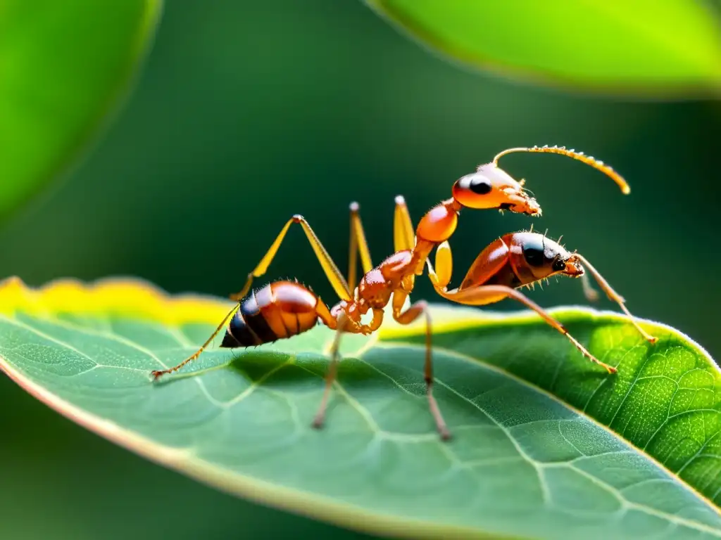 Dos hormigas comunicándose a través de sus antenas, detalladas y delicadas, bajo la cálida luz del sol, mostrando la comunicación y señales insectos