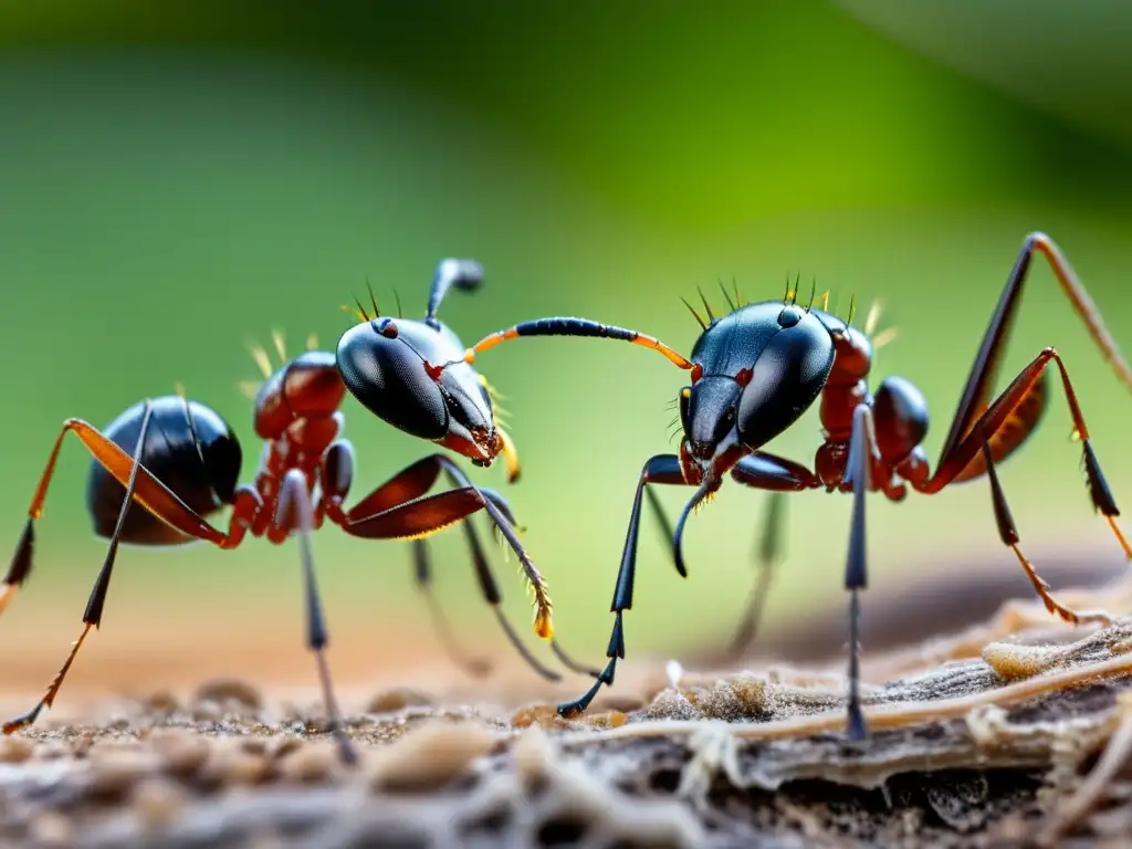 Dos hormigas comunicándose a través de sus antenas, mostrando el fascinante ciclo de vida de los insectos