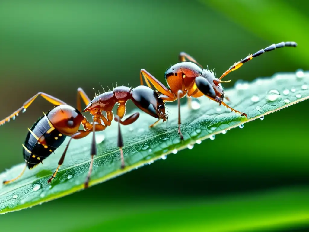 Dos hormigas comunicándose a través de feromonas en una imagen macro fascinante