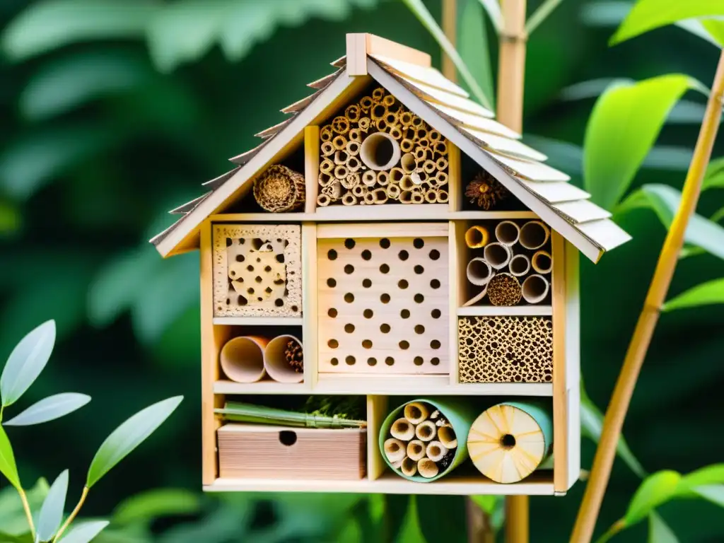 Un hotel de insectos para jardín, detalladamente elaborado, se destaca en un vibrante jardín lleno de vida y color