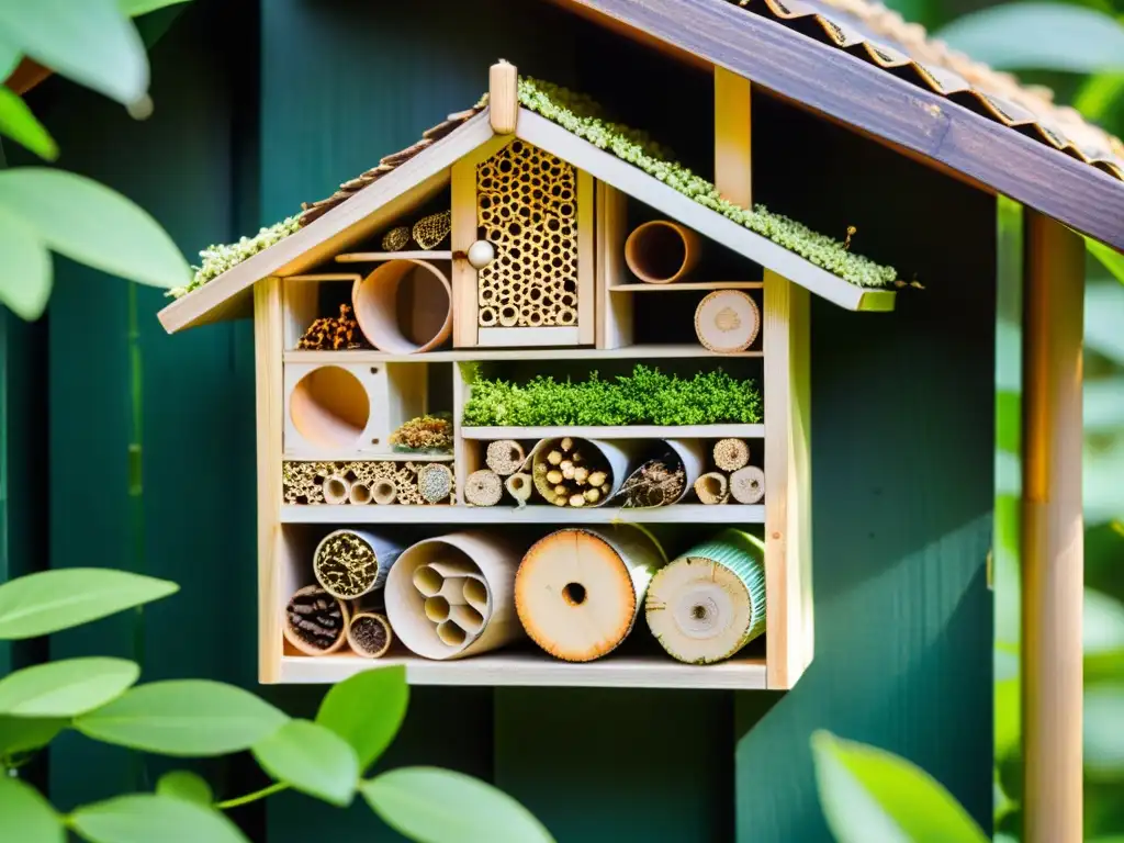 Un hotel de insectos para jardín, con estructura de madera y relleno natural, entre exuberante follaje, bajo la luz del sol