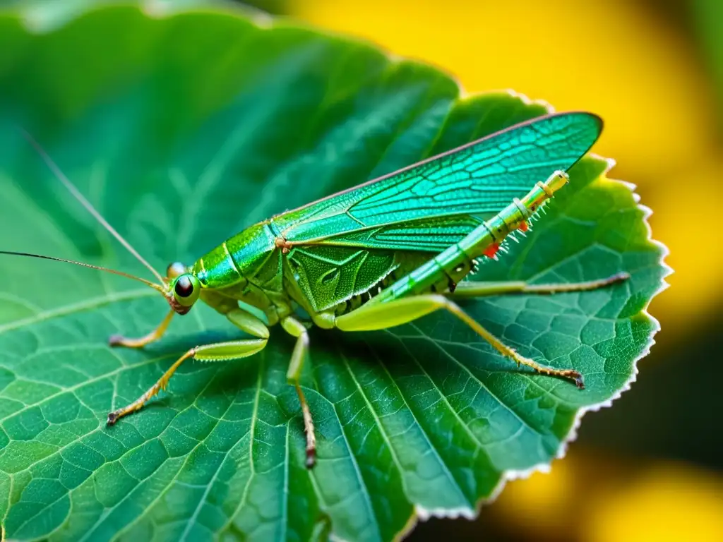 Huella ecológica de comer insectos: Detalle íntimo de un grillo verde sobre una hoja, sus alas y cuerpo muestran patrones y texturas