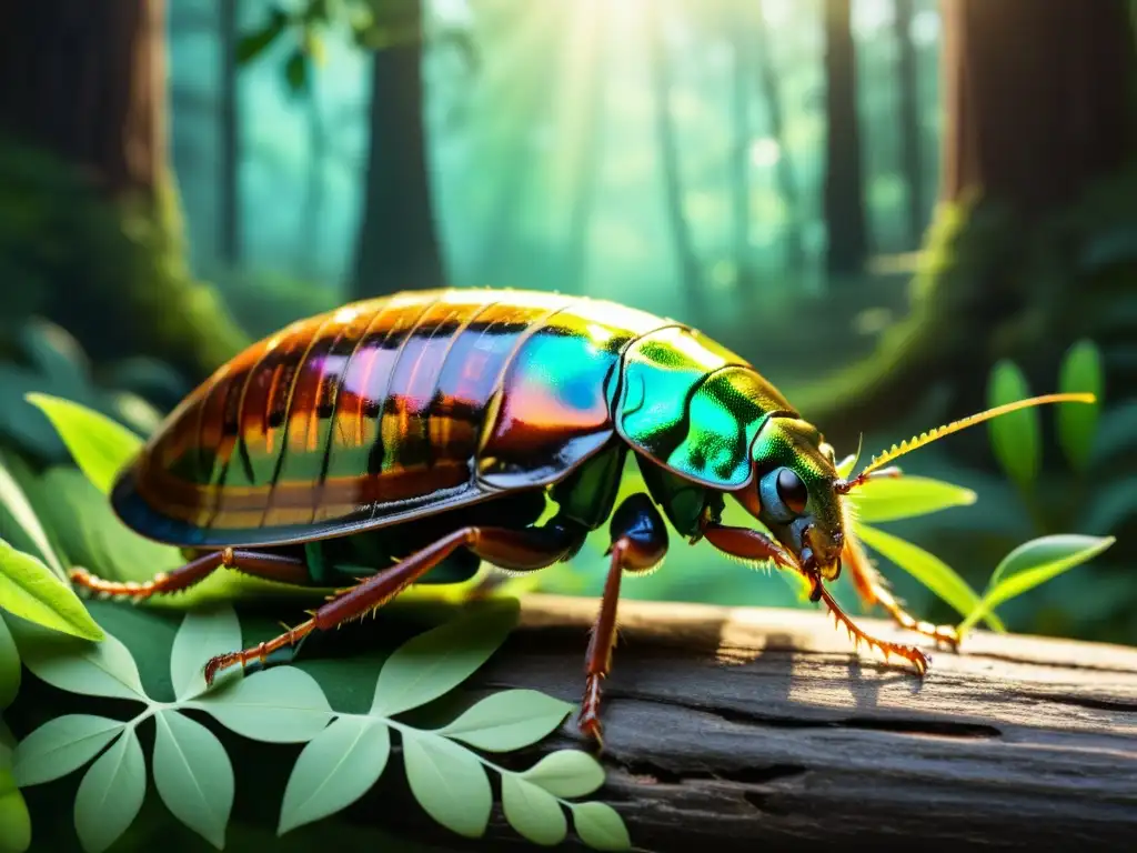 Una ilustración detallada de una escena mítica con una majestuosa cucaracha rodeada de un exuberante bosque