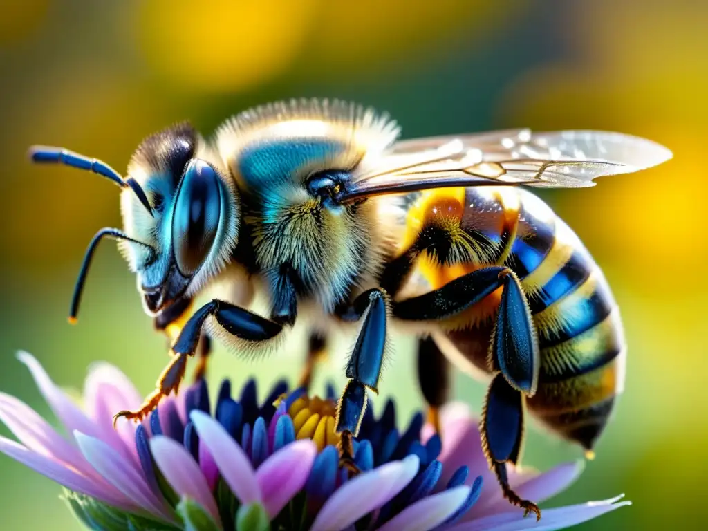 Imagen de una abeja cubierta de polen en pleno vuelo, resaltando la vitalidad y belleza del proceso de polinización