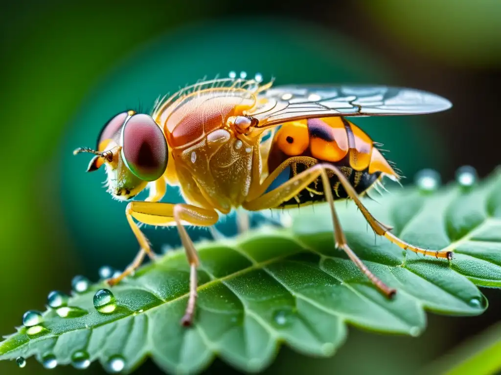 Una imagen en alta definición de una mosca de la fruta modificada genéticamente, posada en una hoja verde con gotas de agua