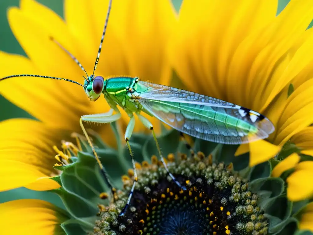 Imagen en alta resolución de un crisópido verde sobre un girasol amarillo