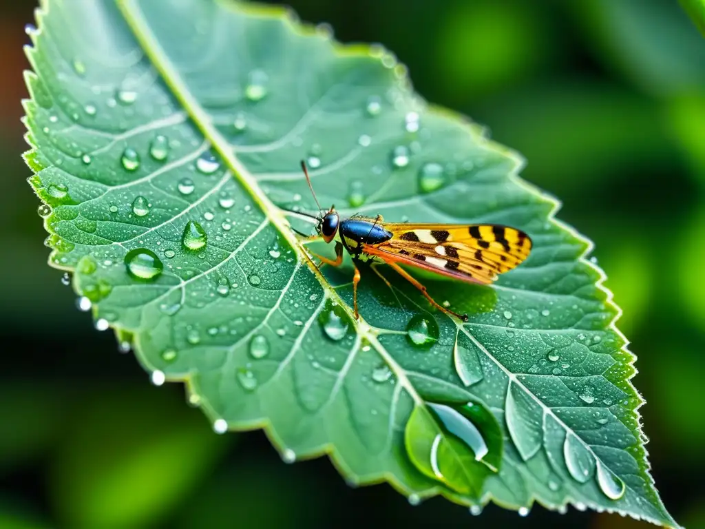 Imagen en alta resolución de una hoja verde vibrante cubierta de delicadas gotas de agua, con un diminuto insecto posado en el borde