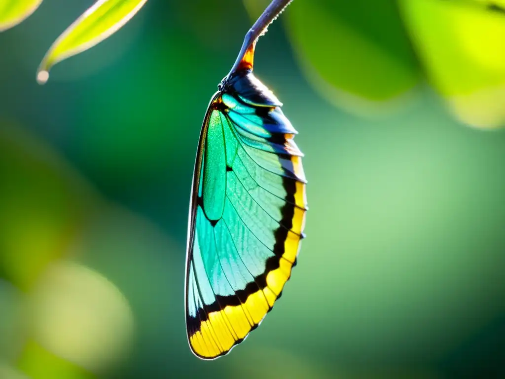 La imagen muestra la belleza y transformación de una crisálida de mariposa suspendida en una rama, con patrones y texturas detallados