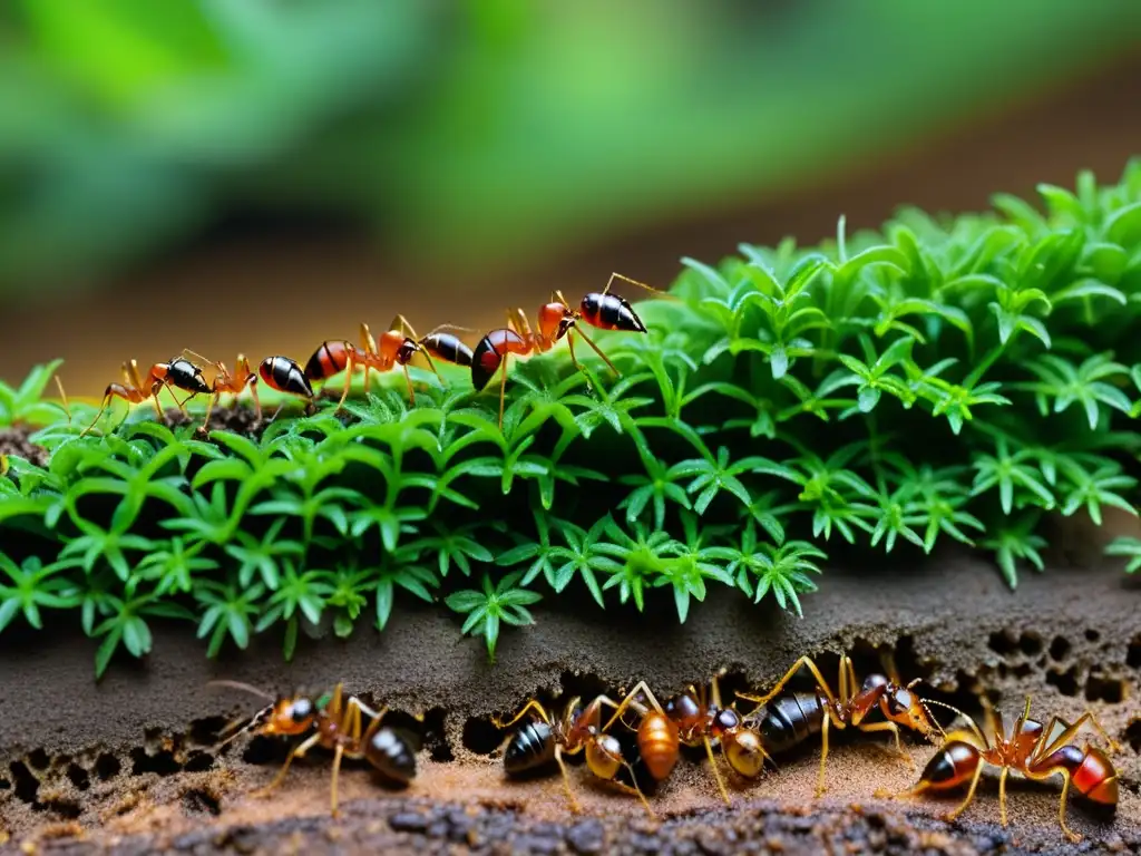 Una imagen de alta resolución de una colonia de hormigas con insectos simbiontes, ilustrando su compleja relación en el ecosistema