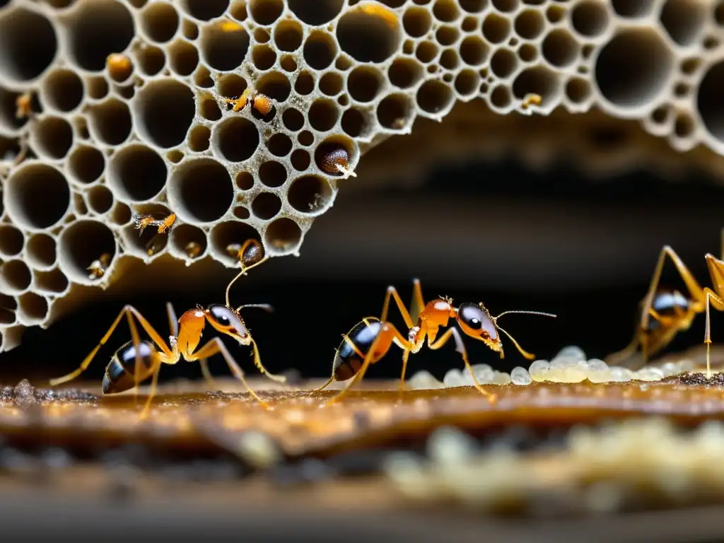 Imagen de una colonia de hormigas trabajadoras y la reina, mostrando la evolución de insectos sociales en colonias complejas