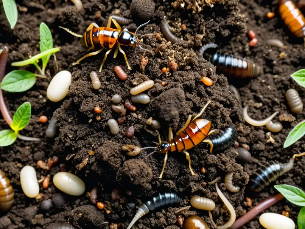 Imagen de un compost oscuro y rico, rebosante de descomponedores esenciales del jardín como lombrices y bichos bolita, rodeado de microorganismos