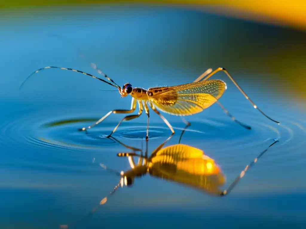 Imagen de un delicado insecto acuático, con sus patas creando ondas en el agua tranquila