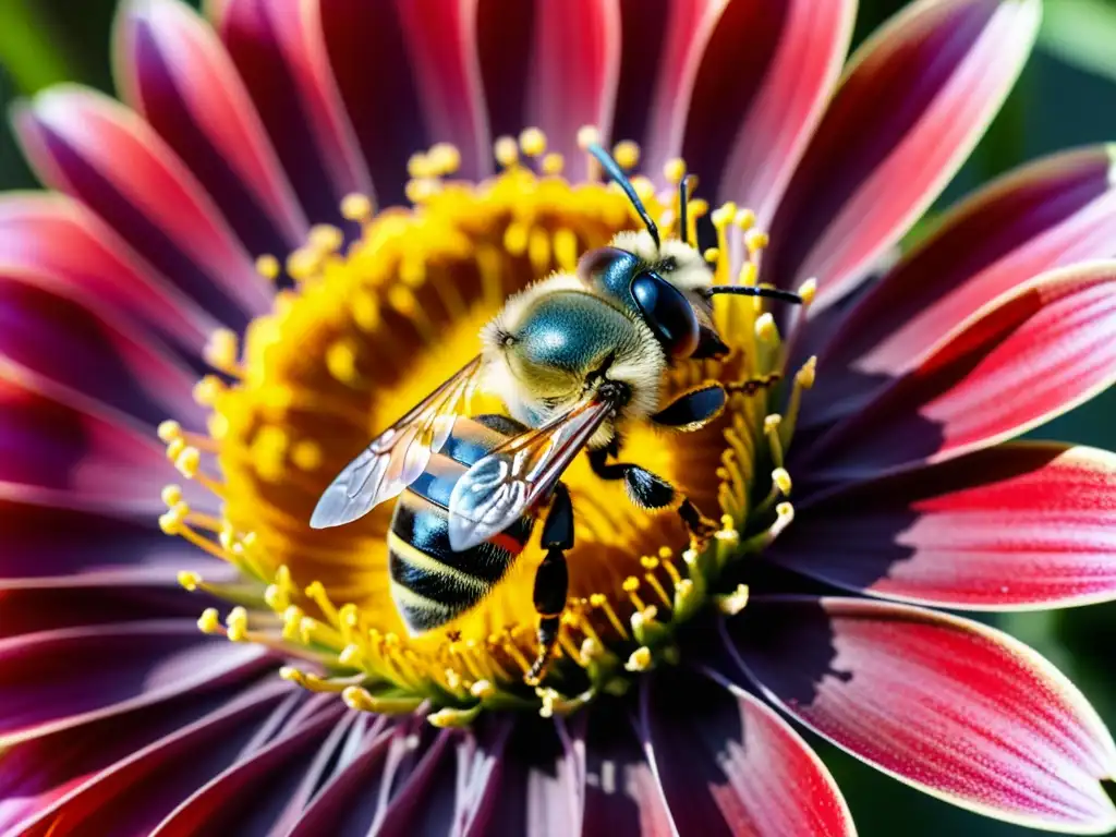 Una imagen detallada de una abeja cubierta de polen amarillo vibrante, junto a una flor roja brillante