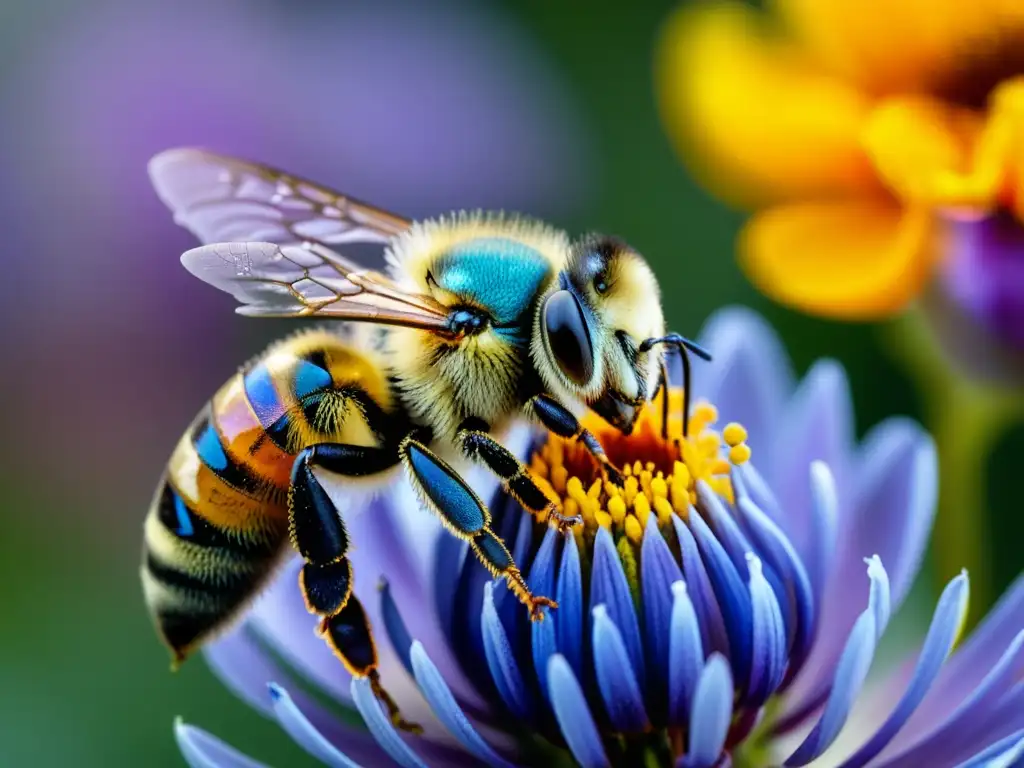 Una imagen detallada de una abeja cubierta de polen dorado, revoloteando cerca de los pétalos de una flor