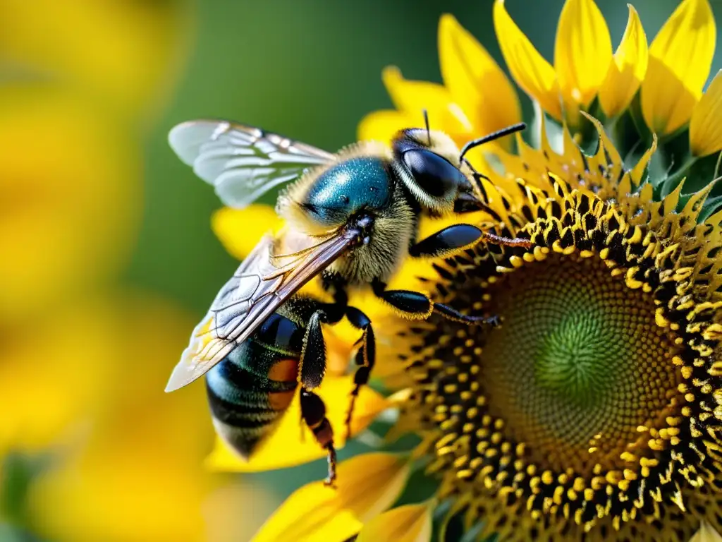 Imagen detallada de abeja nativa cubierta de polen en un girasol