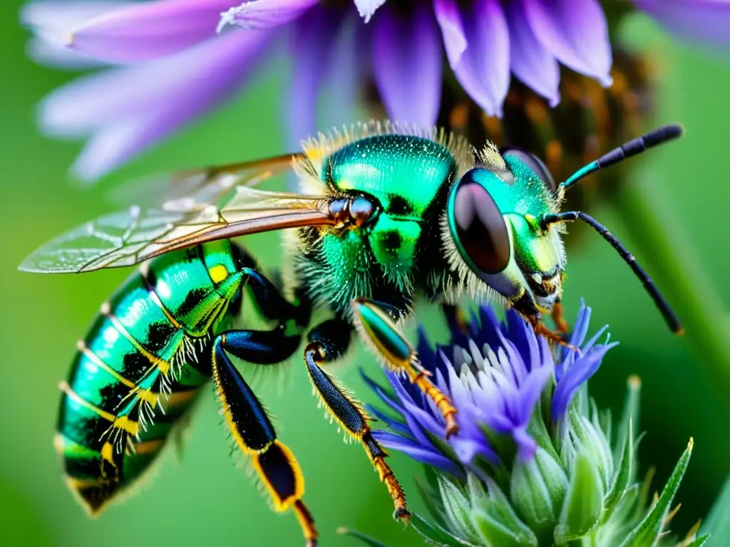 Imagen detallada de abeja sudor verde metálica cubierta de pelos iridiscentes, con alas extendidas sobre una flor morada