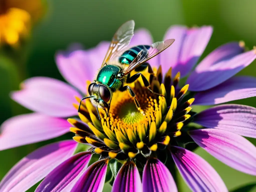 Imagen detallada de una abeja sudor verde metálica sobre una flor morada, mostrando la belleza de estos diminutos seres