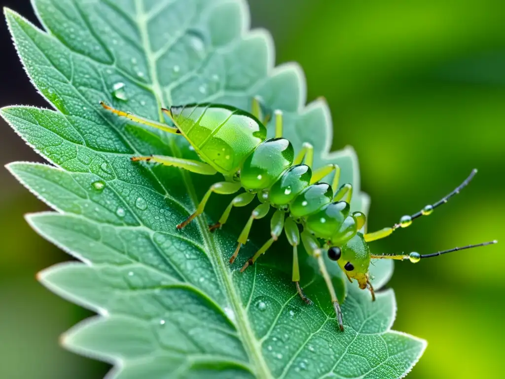 Una imagen detallada de áfidos verdes en una planta, con gotas de agua brillando en sus cuerpos