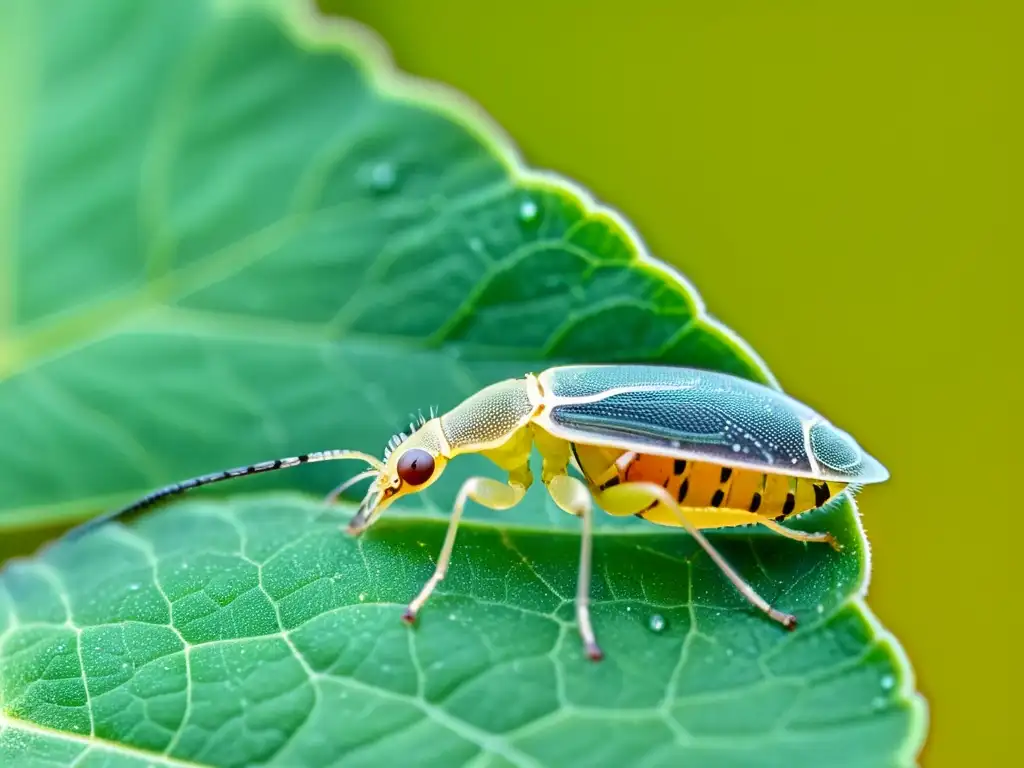 Una imagen detallada de la reproducción asexual de una pulgón hembra, con células verdes y patas delicadas en una hoja