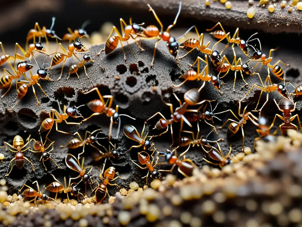 Una imagen detallada de una bulliciosa colonia de hormigas, resaltando la importancia de los insectos sociales en la estructura ecológica