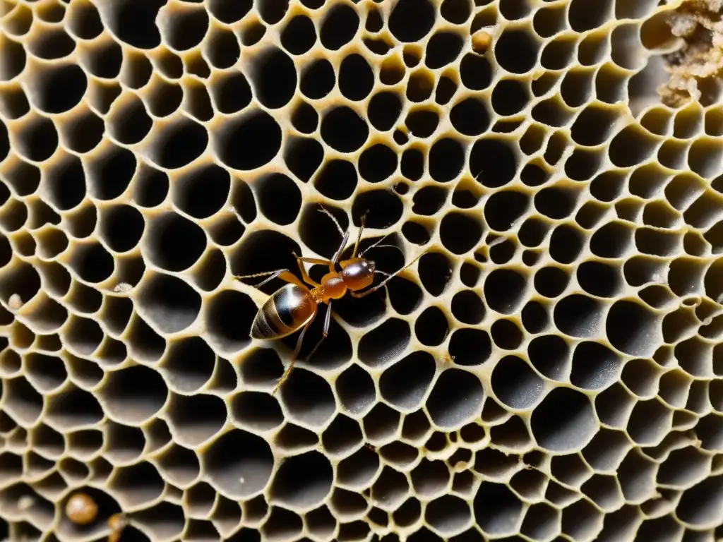 Una imagen detallada de una bulliciosa colonia de hormigas, destacando la importancia de las hormigas en ecosistemas y su compleja organización social