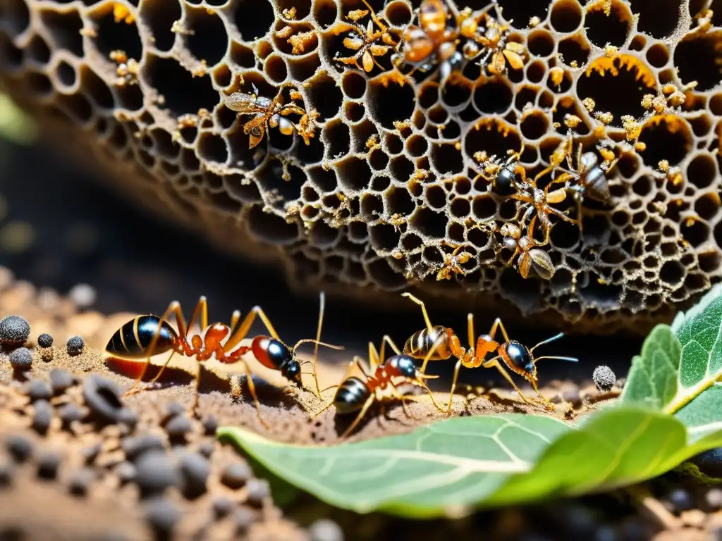 Una imagen detallada de una bulliciosa colonia de hormigas, destacando la importancia de las hormigas en ecosistemas