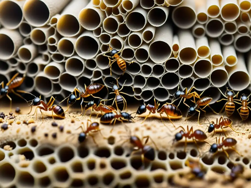 Una imagen detallada de una bulliciosa colonia de hormigas, mostrando su compleja organización y tareas especializadas