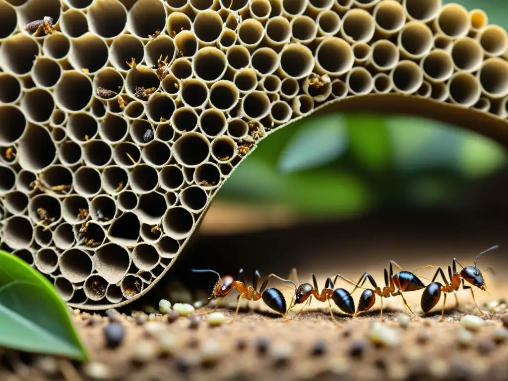 Una imagen detallada de una bulliciosa colonia de hormigas, mostrando la complejidad y precisión de la genética de las sociedades de hormigas