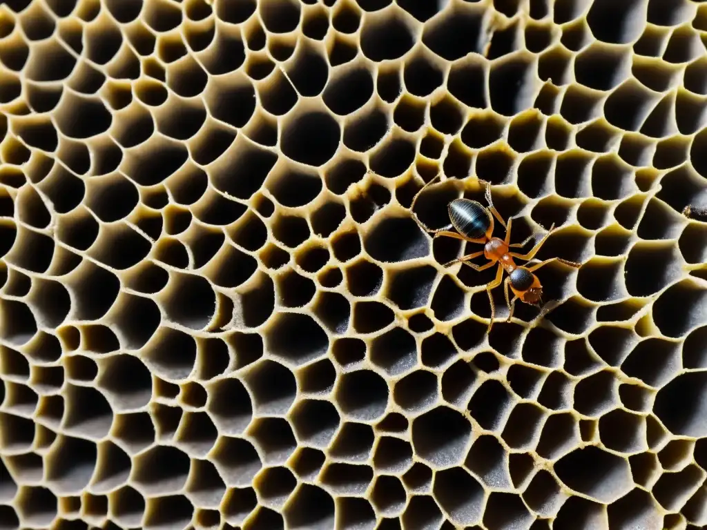 Una imagen detallada de una bulliciosa colonia de hormigas, resaltando la importancia de los insectos sociales en el ecosistema