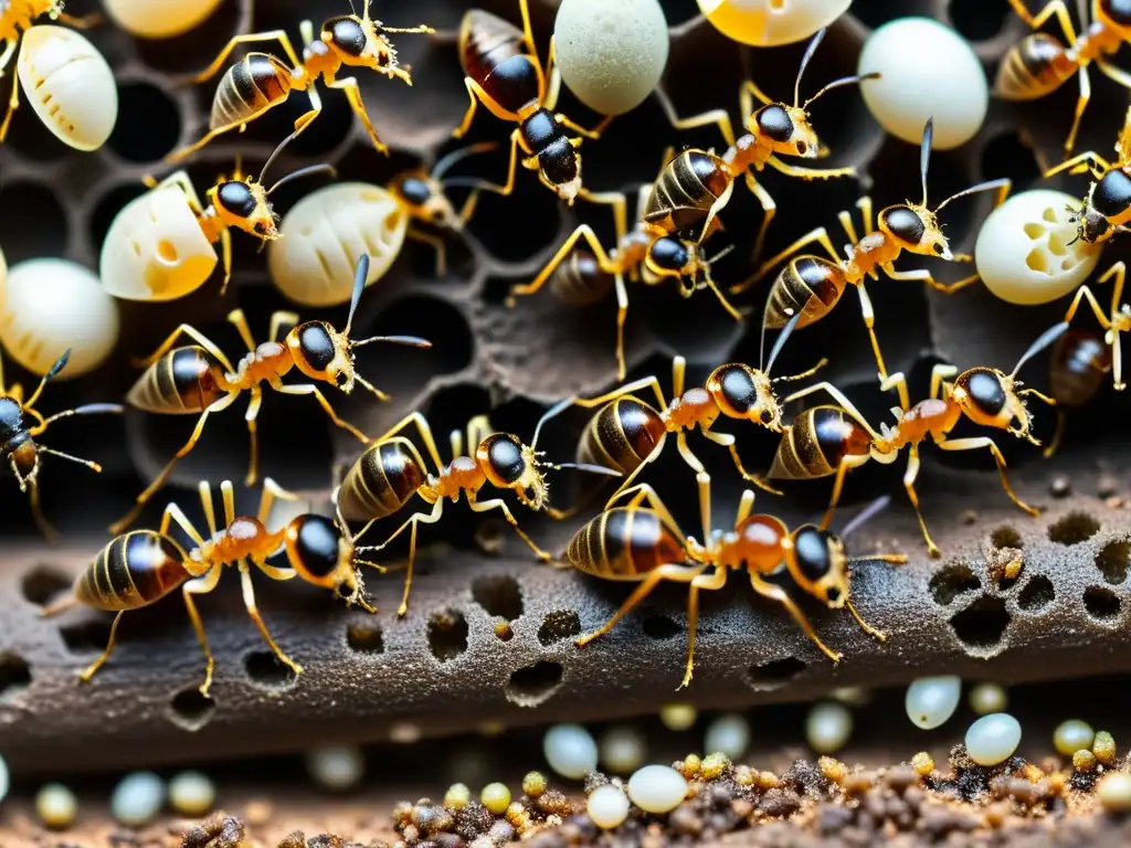 Una imagen detallada de una bulliciosa colonia de hormigas, resaltando la importancia de los insectos sociales en el ecosistema