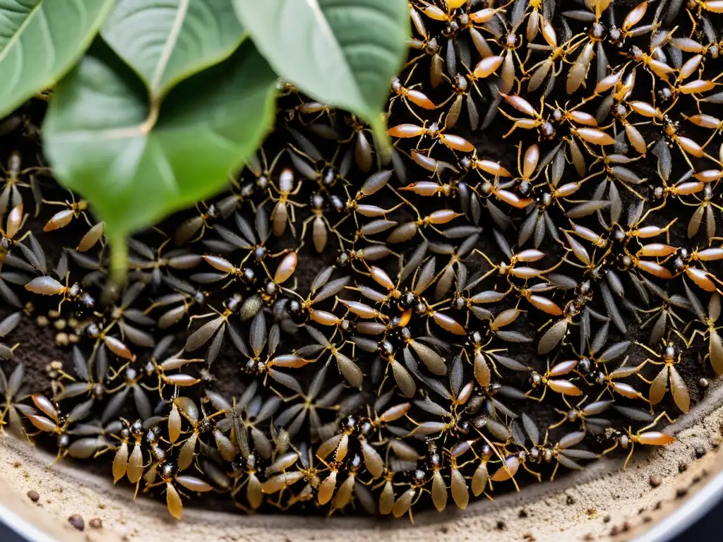 Una imagen detallada de una bulliciosa colonia de hormigas cortadoras de hojas, mostrando su sociedad agrícola compleja y laboriosa