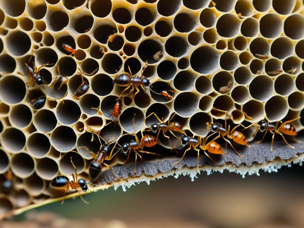 Imagen detallada de una bulliciosa colonia de hormigas, destacando la importancia de la vida social en insectos