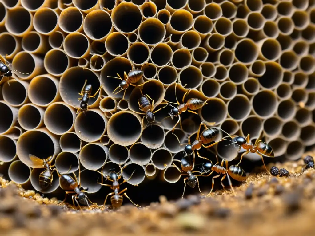 Una imagen detallada de una bulliciosa colonia de hormigas, mostrando el comportamiento de los insectos sociales en un nivel macro