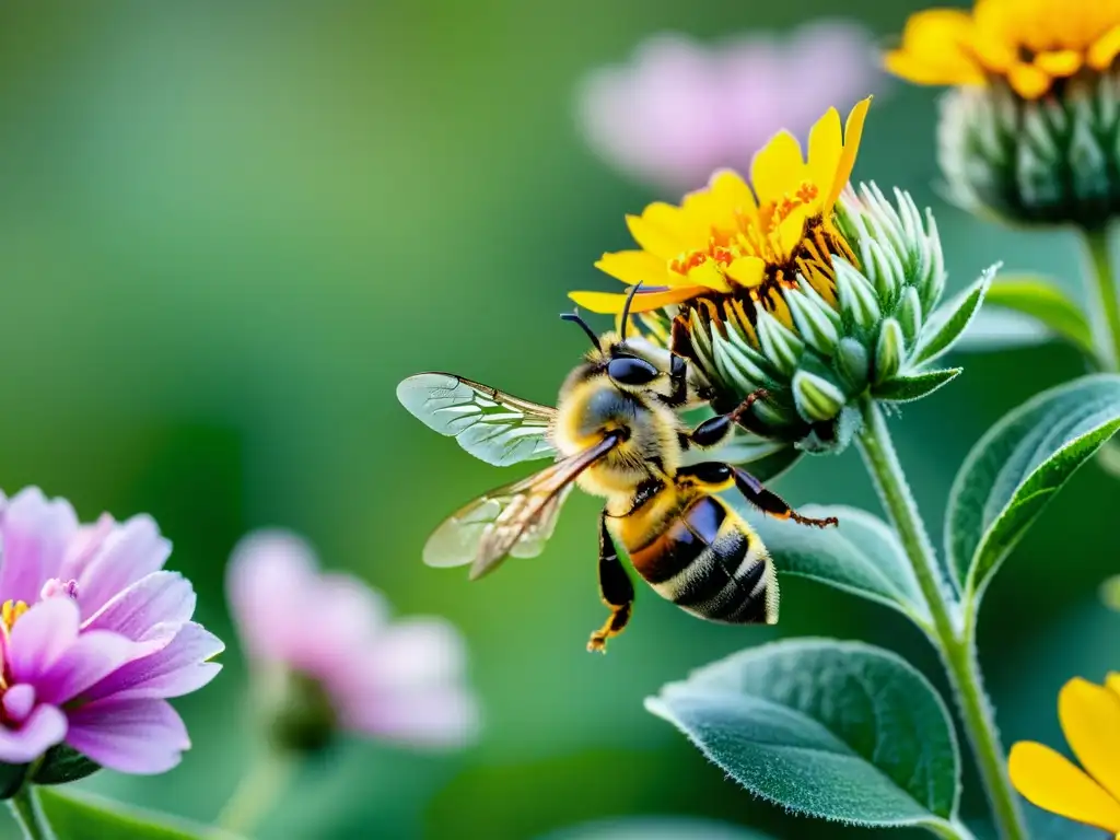 Una imagen detallada de un campo verde exuberante con flores coloridas, y un solo abejorro en pleno vuelo, sus alas congeladas en movimiento