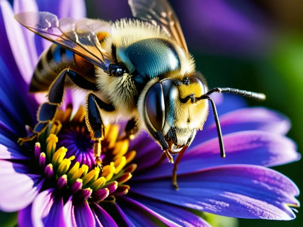 Una imagen detallada y cautivadora de una abeja recolectando néctar de una floreciente flor morada