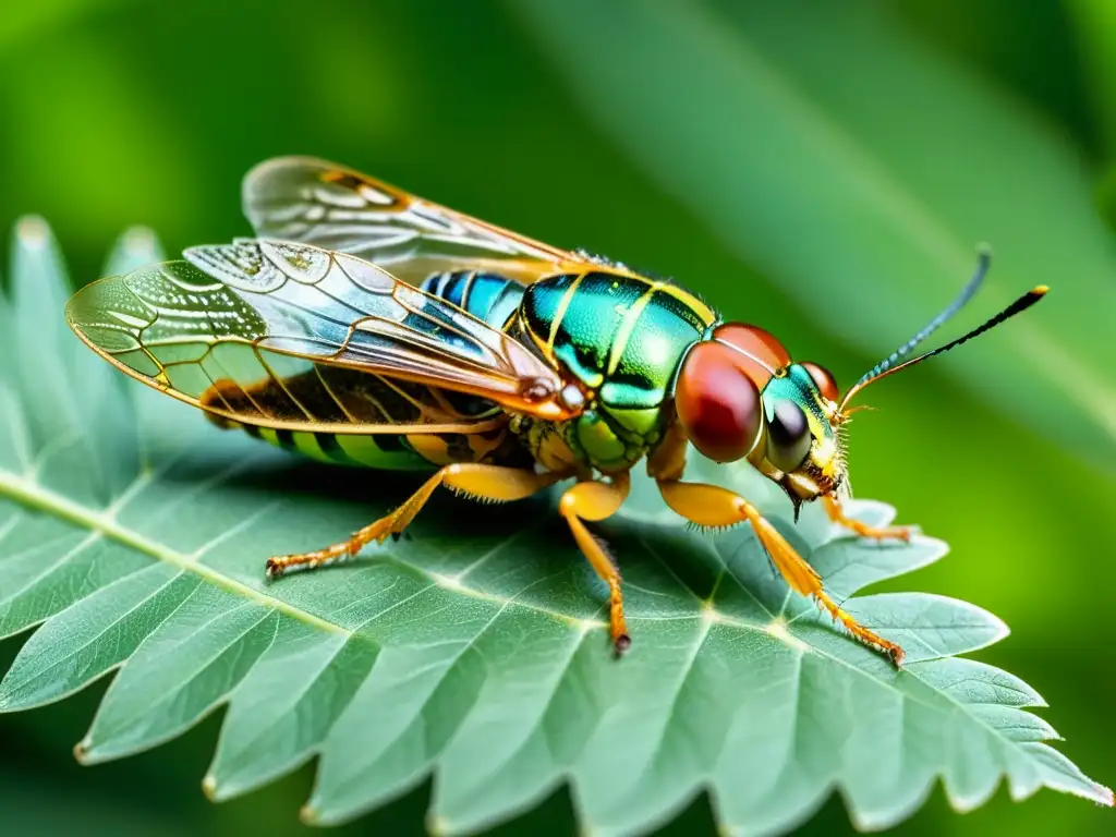 Una imagen detallada de una cigarra en una hoja verde, sus alas translúcidas capturan la luz